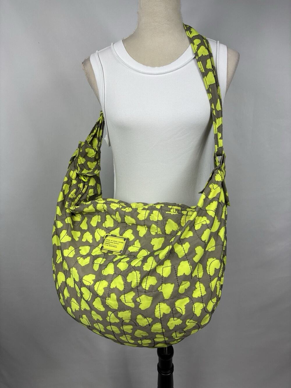 Marc by Marc Jacobs Crossbody Sling Hobo Bag Fluorescent Yellow Grey Heart Print